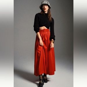 Anthropologie Maeve Red Belted Maxi Skirt Taffeta sz 12
